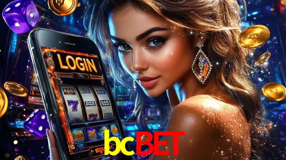 Mulher glamorosa segurando um smartphone com a tela de login para os jogos de caça-níqueis do cassino online bcbet, com moedas de ouro e dados ao redor.