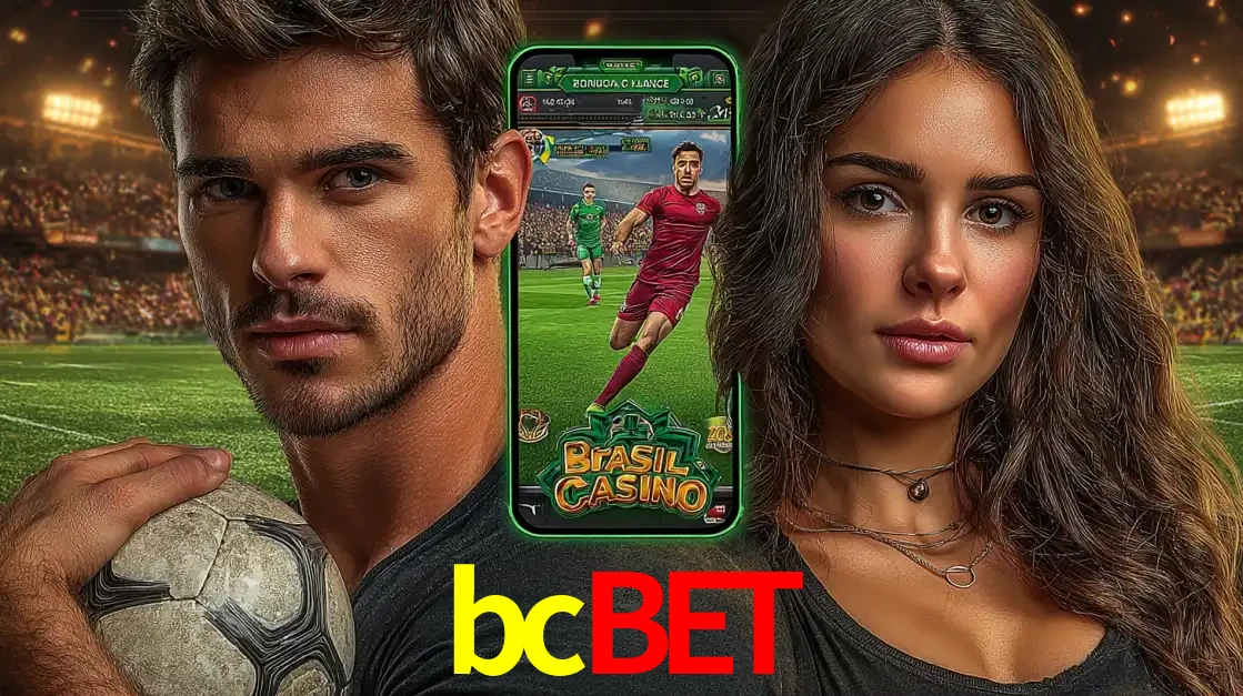 Homem segurando uma bola de futebol e uma mulher ao lado de um smartphone exibindo o jogo de apostas esportivas da bcbet. Faça seu palpite no cassino online.